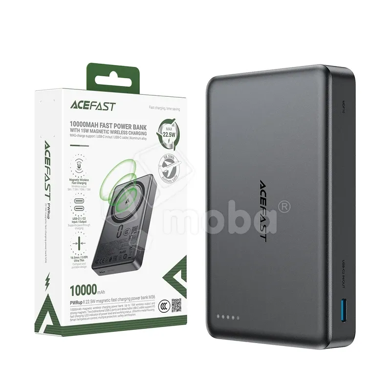 Внешний Аккумулятор (Power Bank) Acefast M36 10000 mAh (22.5W, PD, MagSafe 15W, Type-C, кабель Type-C, LED дисплей) Серый