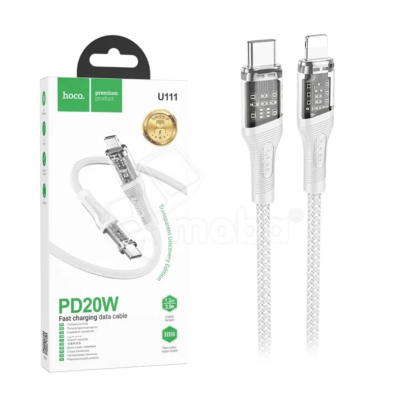 Кабель Type-C - Lightning Hoco U111 (3A, PD, оплетка нейлон, 1,2 м) Серый
