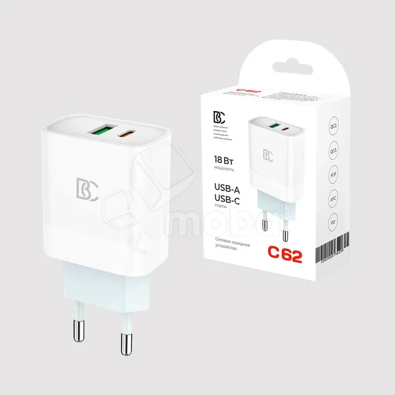 Сетевое зарядное устройство USB/Type-C BC C62 (18W, QC3.0, PD, 2 порта) Белый