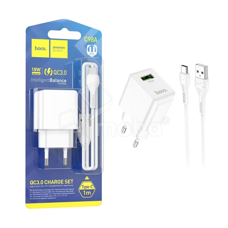 Сетевое зарядное устройство USB Hoco C98A (18W, QС3.0, кабель Type-C) Белый