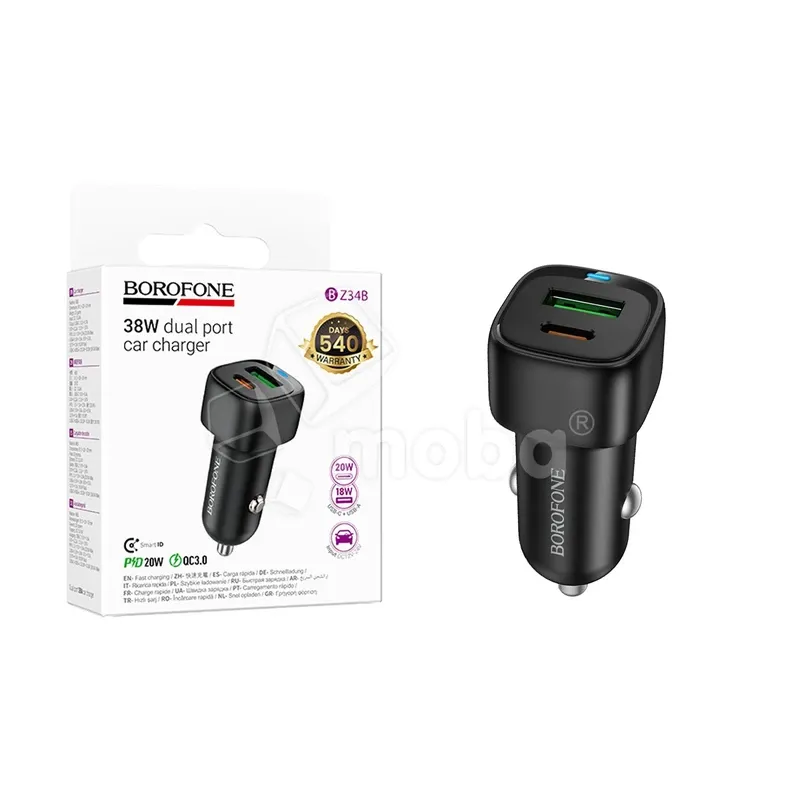 Автомобильное зарядное устройство USB/Type-C Borofone BZ34B (38W, QC3.0, PD, 1Type-C, 1USB) Черный