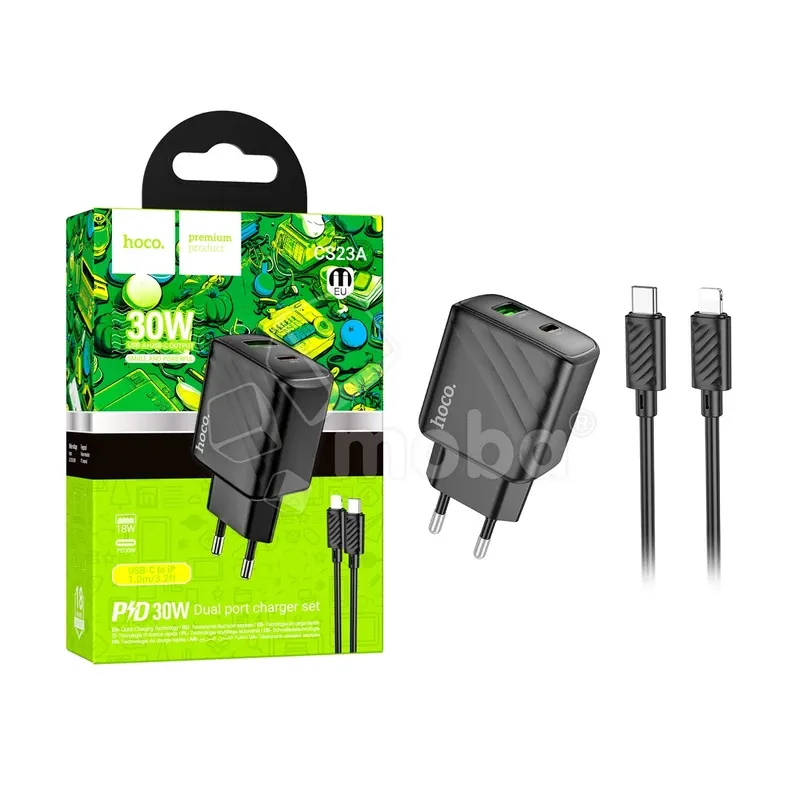 Сетевое зарядное устройство USB/Type-C Hoco CS23A (30W, QC3.0, PD, 2 порта, кабель Type-C-Lightning) Черный